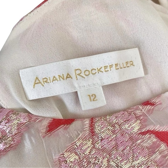 Ariana Rockefeller Metallic Floral Ruffle Hem Mini Dress Pink Red Gold Size 12 - Picture 6 of 7